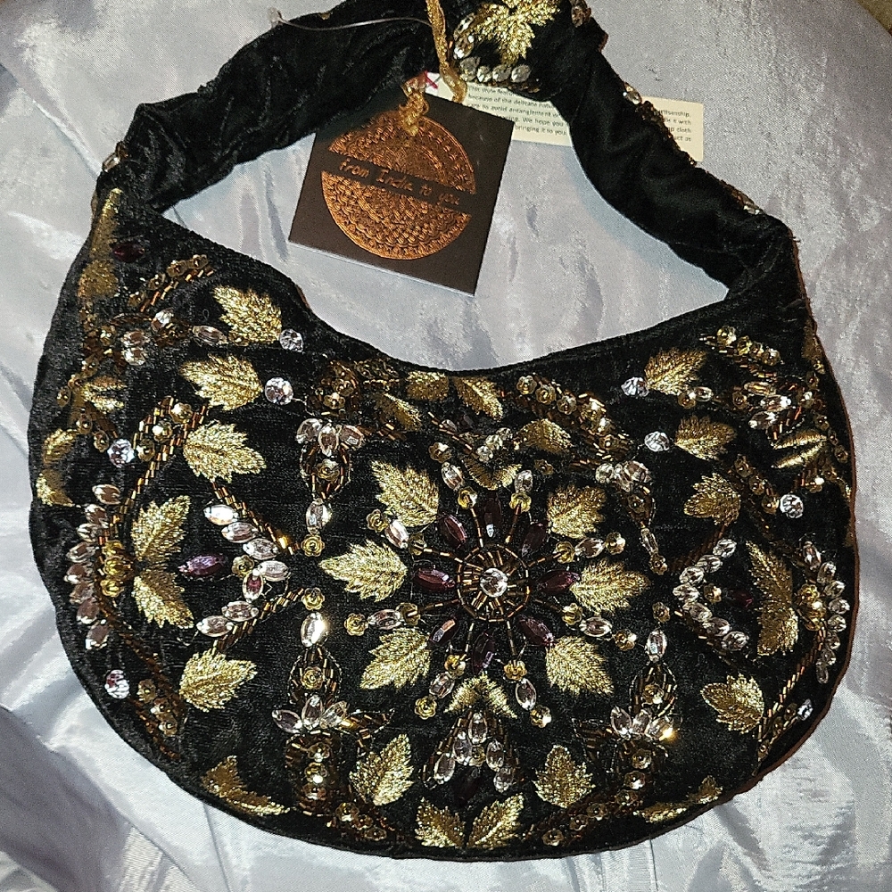 From India To You Elegant Black Velvet  and Gold Embellished Women's Bag Ty TL